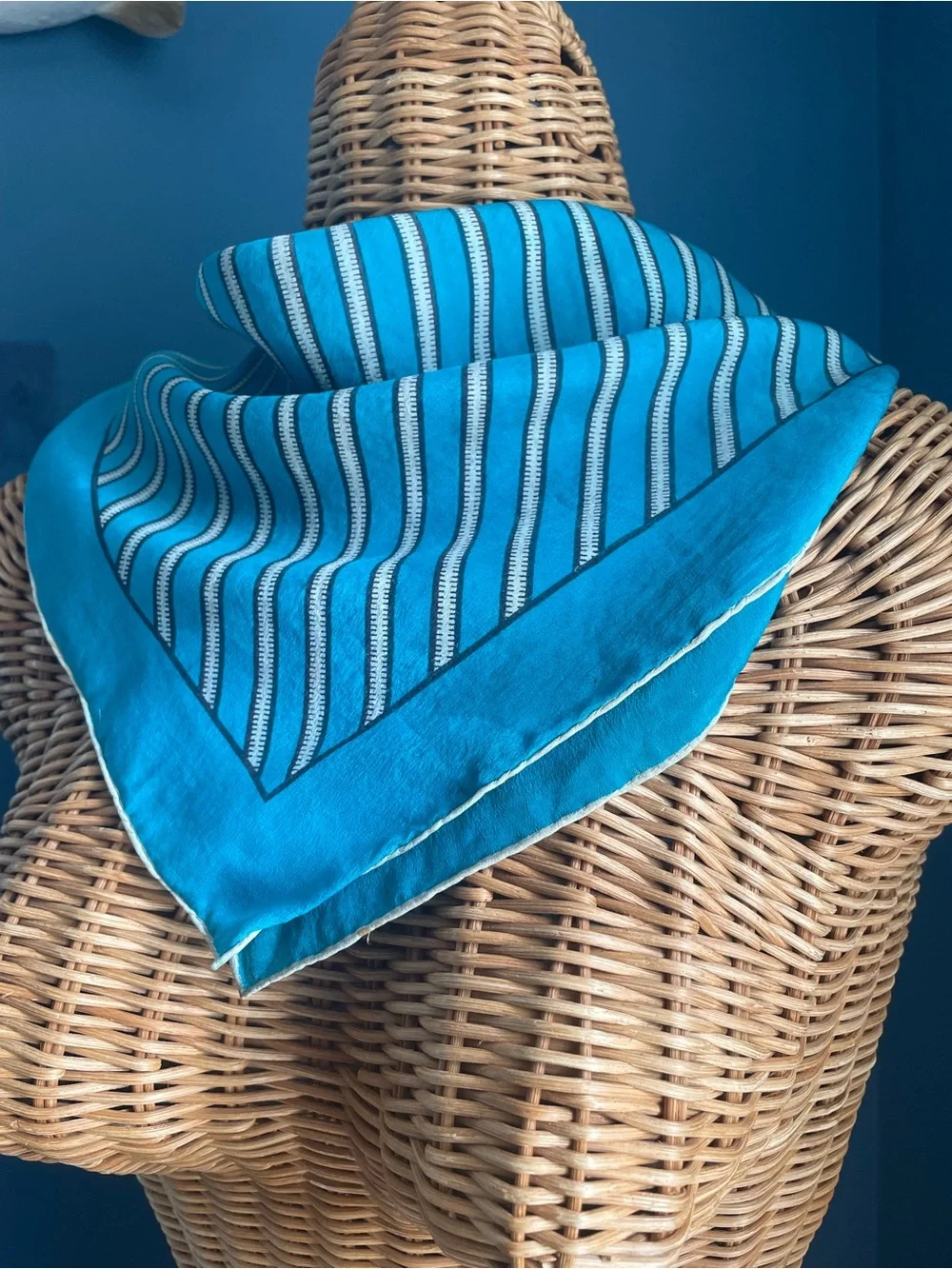 Vintage Square Silk Scarf Neckerchief Teal Blue Geometric Stripe Pattern